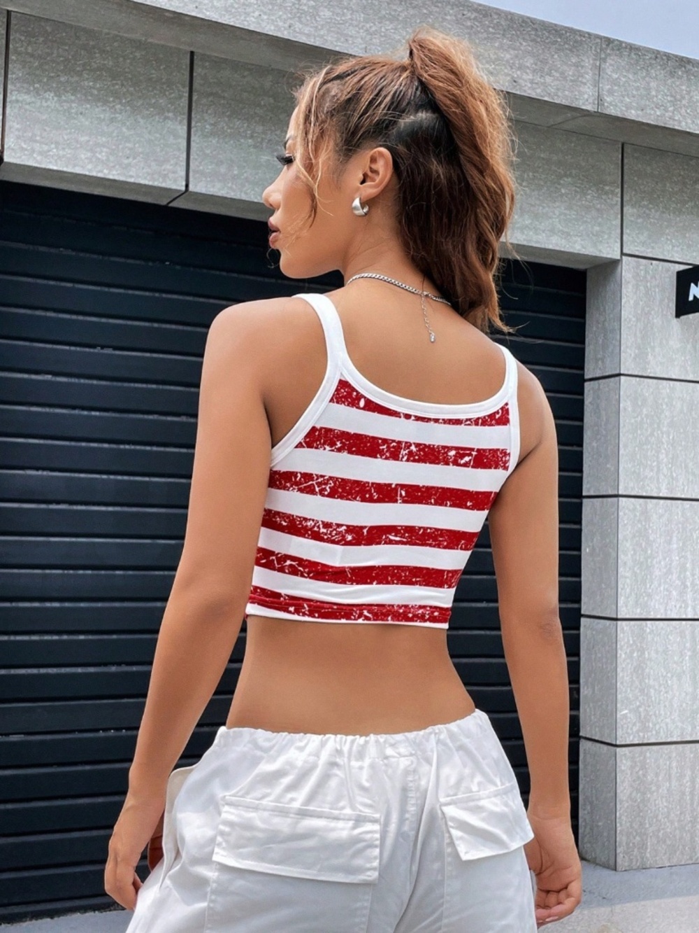 American Flag White Tank Top Crop Stripes Stars United States - Picture 3 of 7